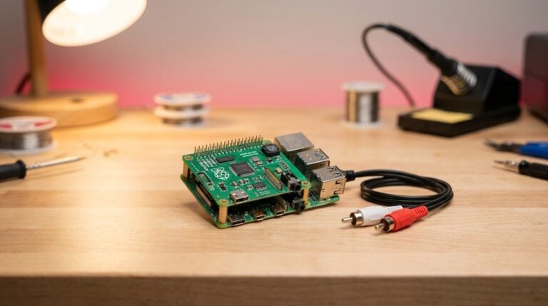 Raspberry Pi mit HiFiBerry Audio HAT auf einem Holztisch mit RCA-Kabeln