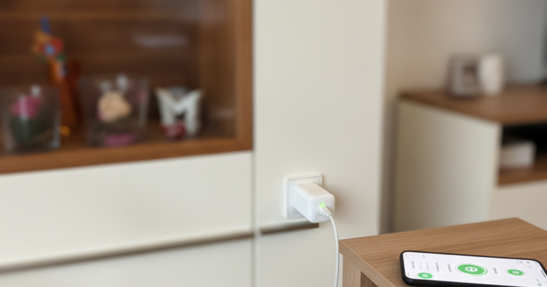 Shelly AZ Plug in Wandsteckdose neben Vitrine mit warmer LED-Beleuchtung und Home Assistant App auf Smartphone