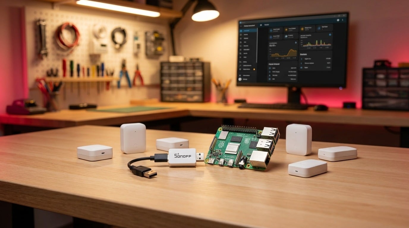 Raspberry Pi con Home Assistant y un dongle Sonoff Zigbee conectado como coordinador