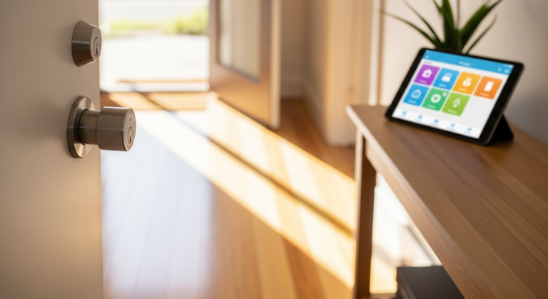Smartes Türschloss an der Haustür, daneben ein Tablet mit Home-Assistant-Dashboard