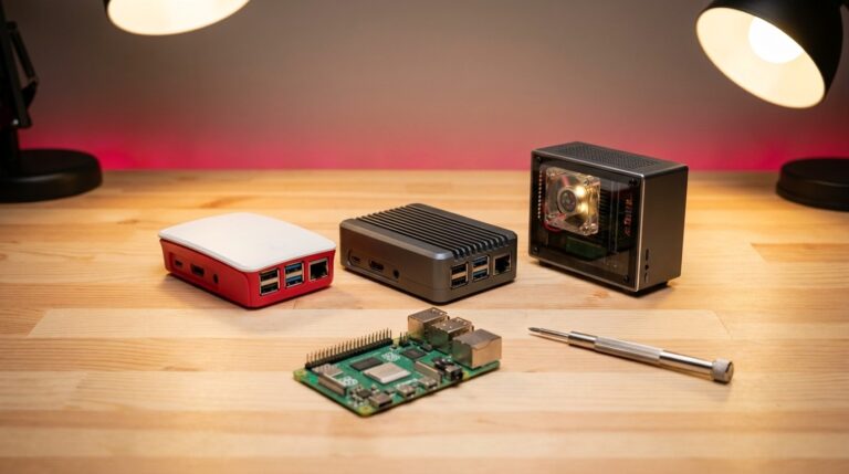 Raspberry Pi 5 Gehäuse im Vergleich – Aluminium-Cases auf dem Werktisch