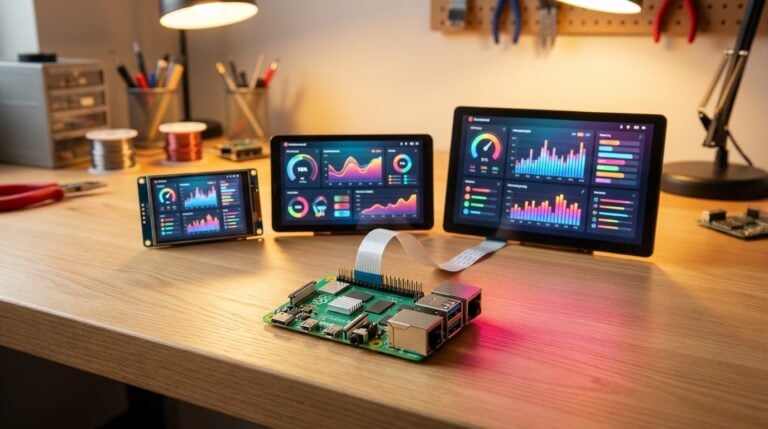 Raspberry Pi Displays im Vergleich – Touchscreens in verschiedenen Größen auf dem Werktisch