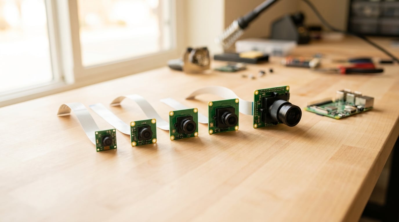 Mehrere Raspberry Pi Kameramodule mit Flachbandkabeln nebeneinander auf einem hellen Holz-Werktisch