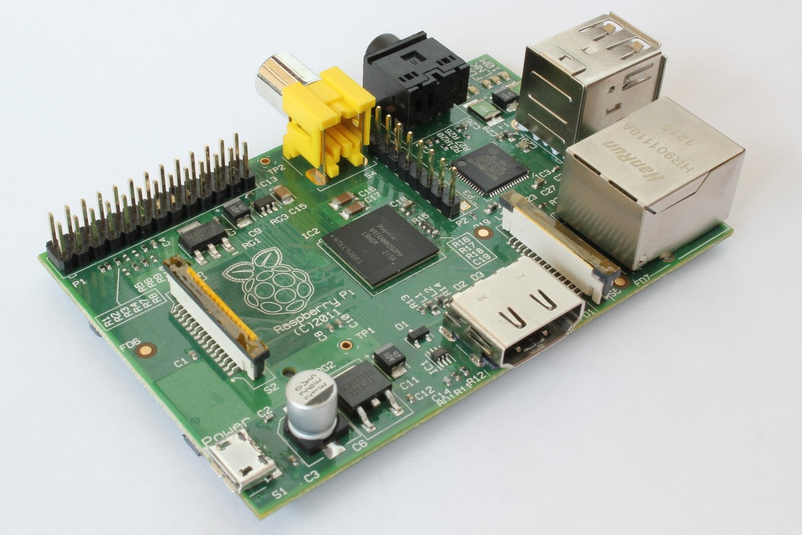 Raspberry Pi Model B from 2012 with RCA video output and SD card slot