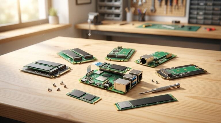 Raspberry Pi 5 mit aufgestecktem NVMe-Adapter, daneben sechs verschiedene M.2-Boards und zwei SSDs auf einem Holztisch
