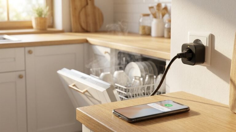 Smarte Steckdose mit Leistungsmessung an der Spülmaschine, davor ein Smartphone mit Push-Benachrichtigung von Home Assistant